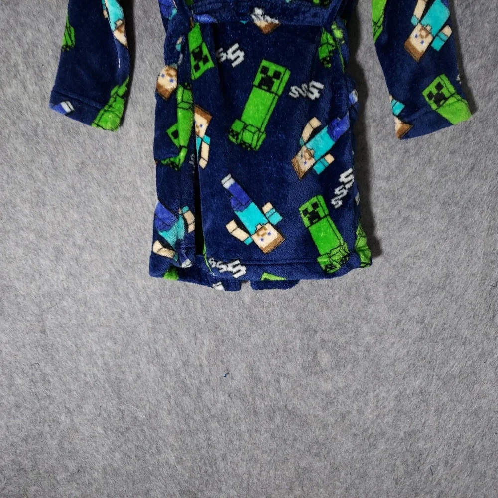 Minecraft Boys Robe S 6/7 Blue Creeper Steve Fleece Plush Belted Pockets